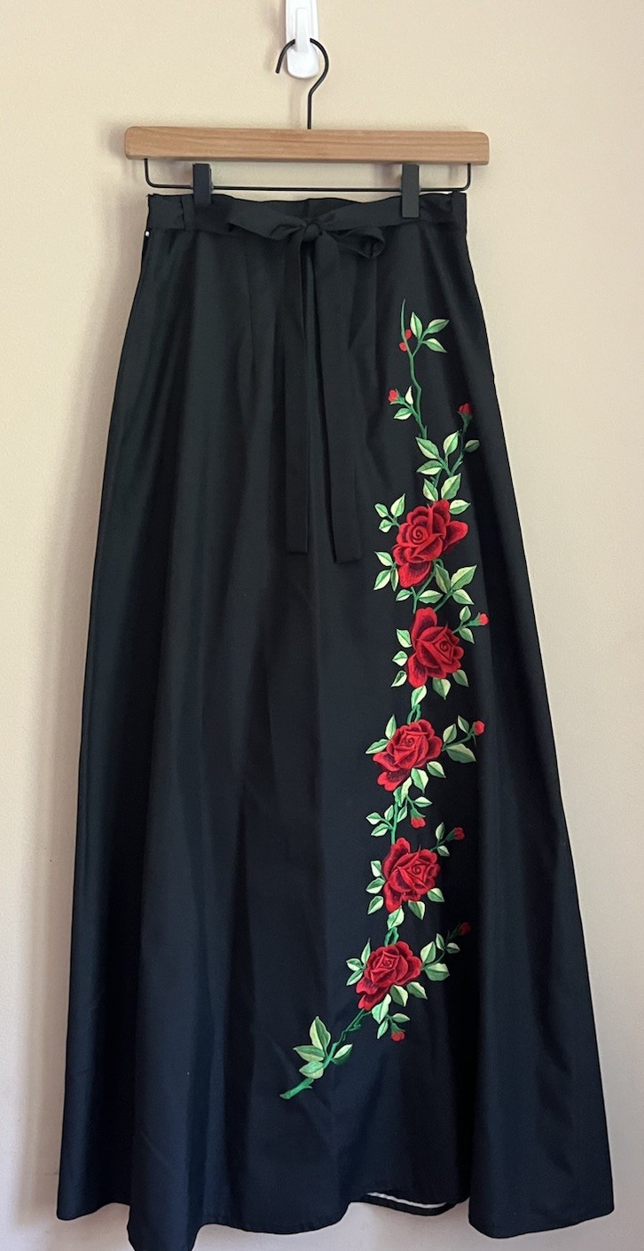 Vintage Maxi Skirt Wrap Black Red Rose Embroidered 60s 70s Small 4 6