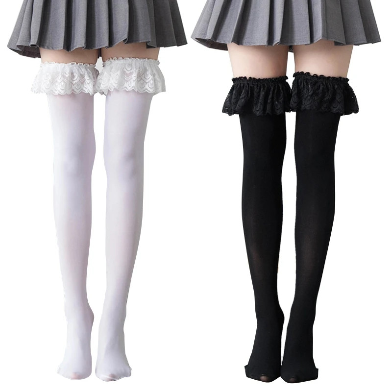 Thigh High Socks Frilly Lace Patchwork Over Knee Long Stockings Cosplay An