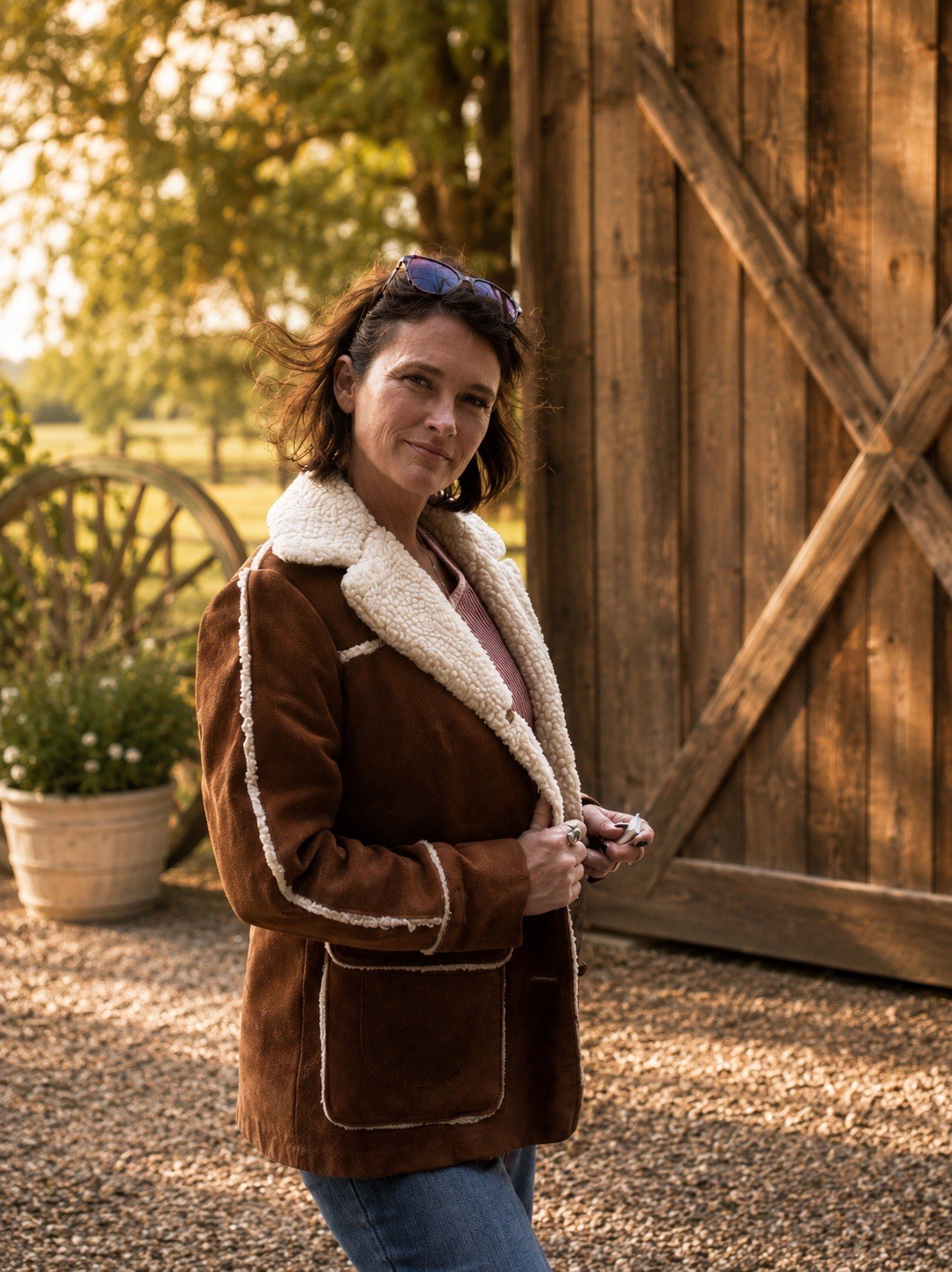 Vintage 70s Women Shearling Coat12 Brown Suede Western Jacket Ranch Sheepskin
