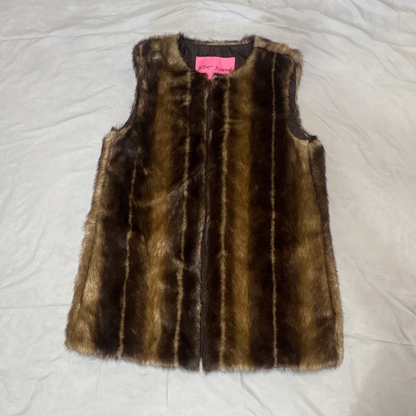 VTG Betsey Johnson Striped Faux Fur Vest Brown Tan Boho Retro Pink Label Sz M