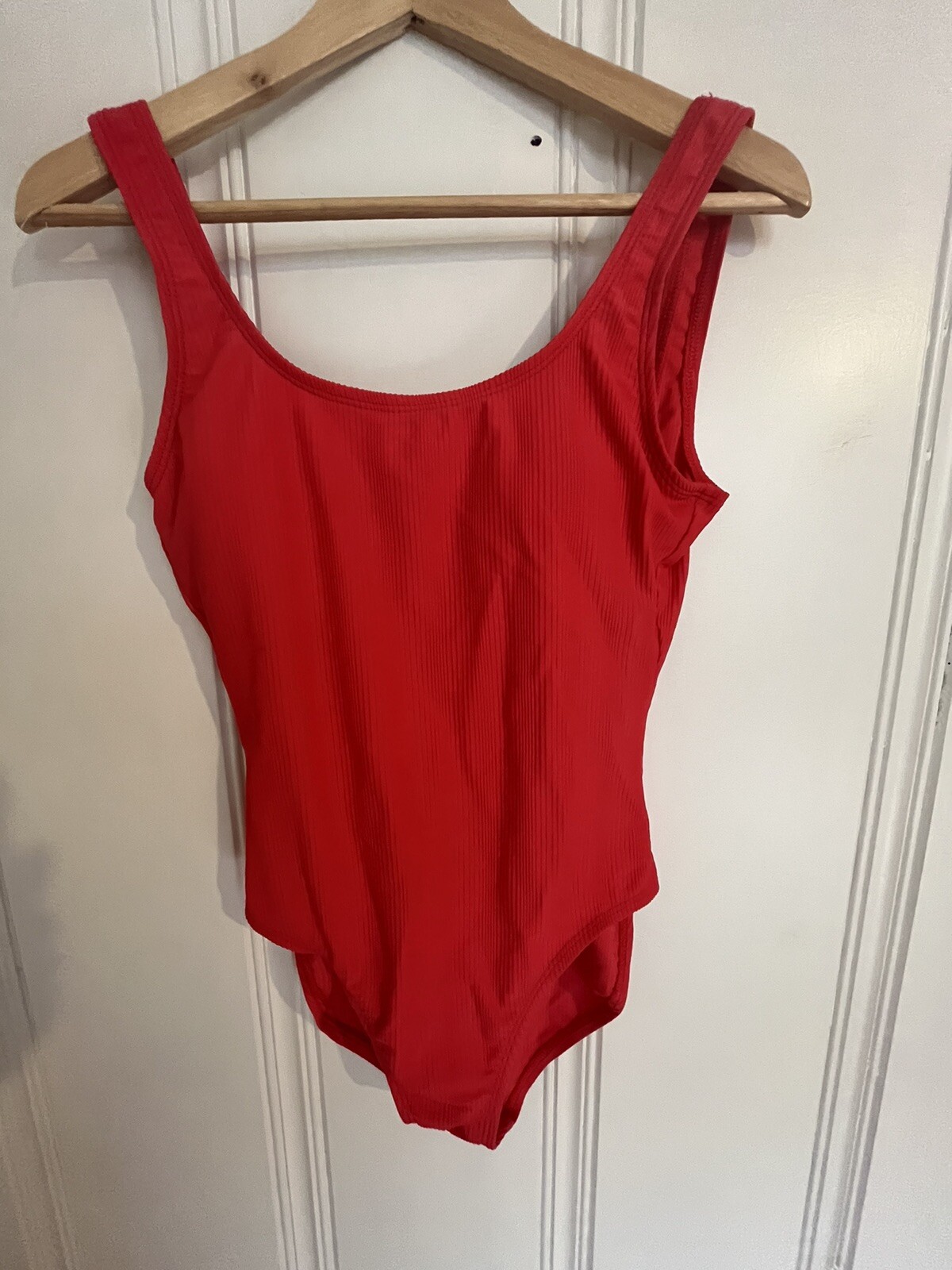 Vintage 80s 90s One Piece Swim Suit Ribbed Pink Wide Strap Light Padding Retro