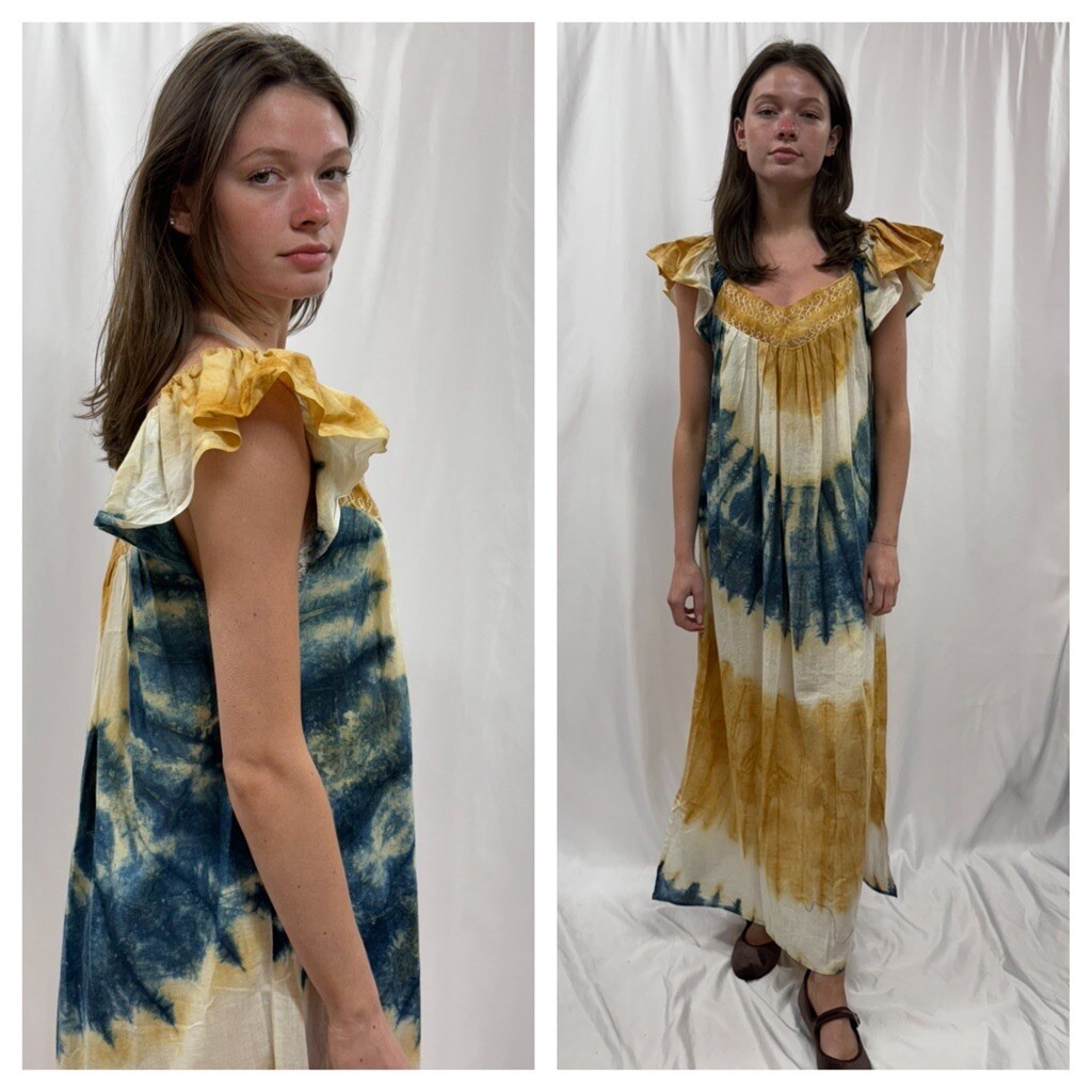 Vtg 70s 80s Hand Dyed Cotton Hippie Maxi Dress Ruffles Bohemian Summer Sundress