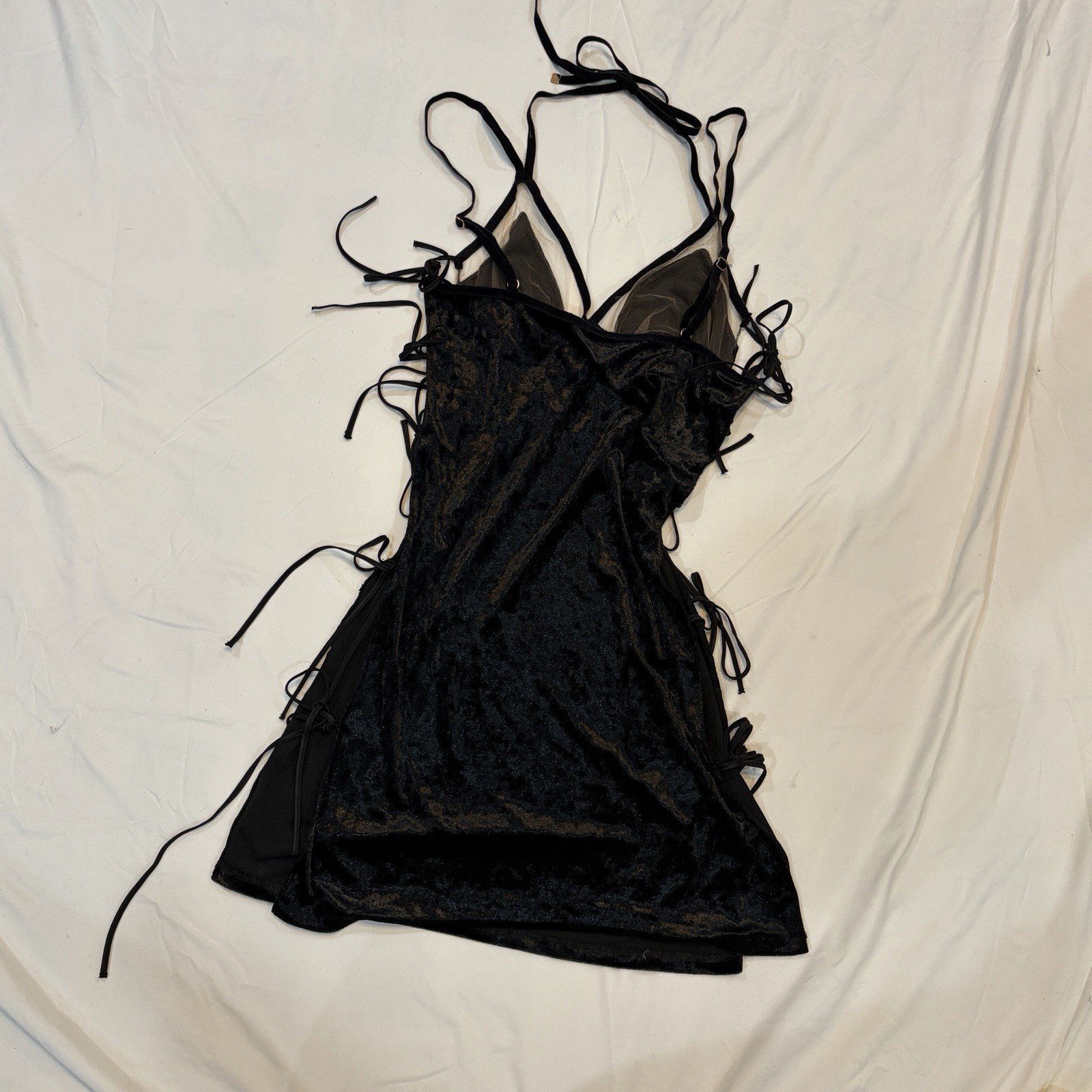 Vintage Velour Black Velvet Mesh Rare Mini Slip Dress Tie Sides Ribbon Coquette