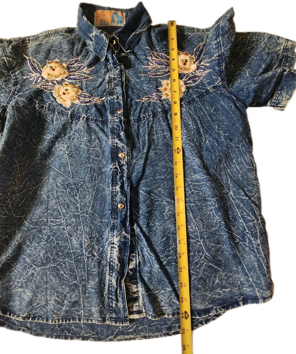 Vintage 80s Skirt and Top Denim Set Western Style w/ Multicolored Beads Snow Blu