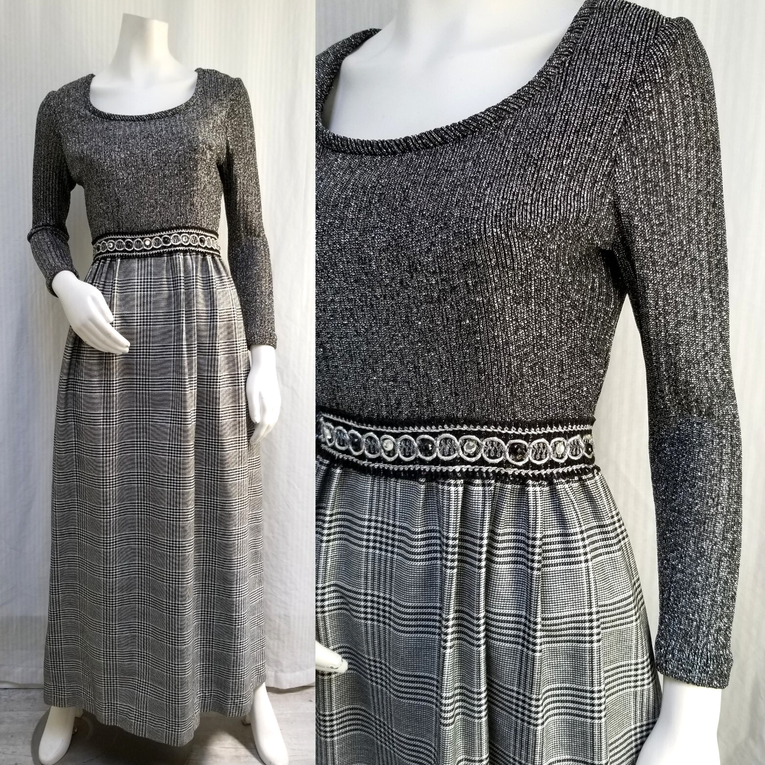 Vintage Black w/ Silver Lurex Rib Knit Glen Plaid Maxi Dress- Size S – EUC