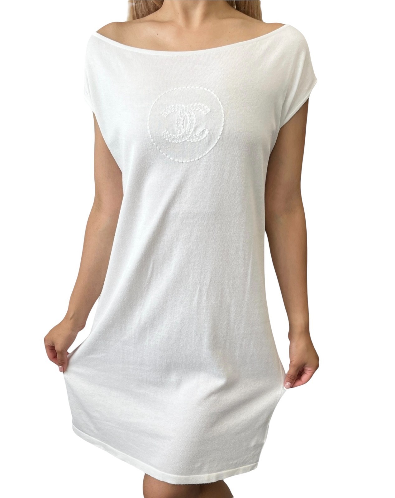 CHANEL Vintage 07P CC Mark Logo Knit Tank Dress One-piece White Cotton Stitch