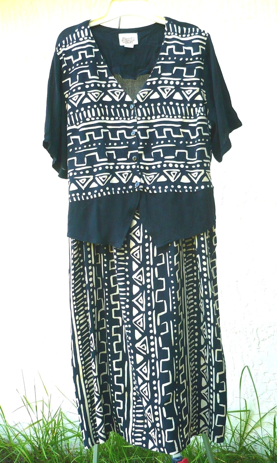VTG 90S GAUZY RAYON SZ L XL 1X BLACK OFF WHITE ETHNIC GEOMETRIC VEST DRESS WOMEN