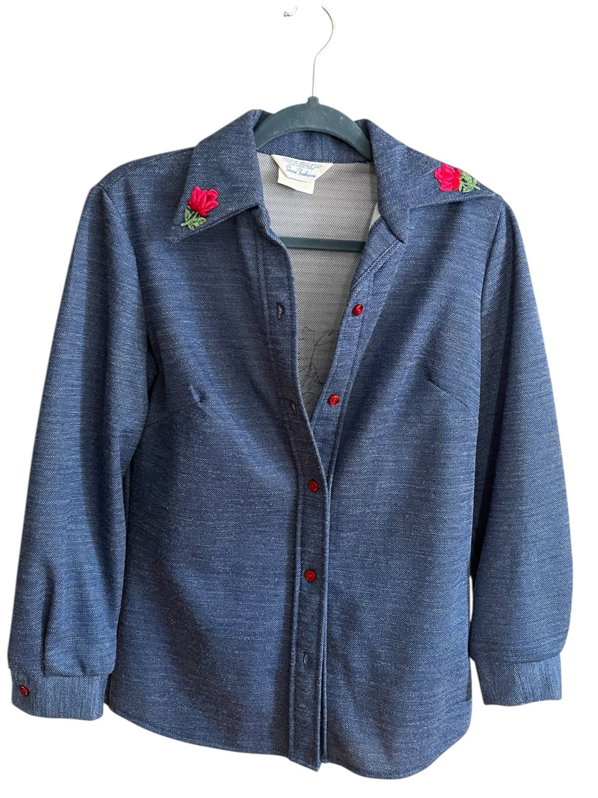 Vintage 70s Sears Fashions Red Roses Patch Button Shirt Polyester Denim Look 12