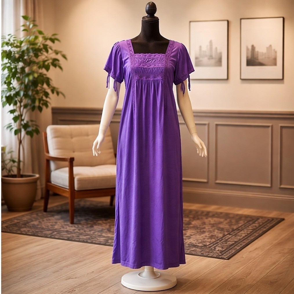 80s VTG Purple Muumuu House Dress Coquette Puff Sleeve Loungewear Regency-style