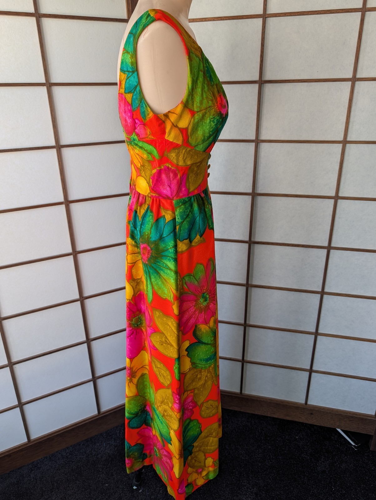 Vtg McInerny By Sydney Hawaiian Dress MuuMuu Maxi Midi Barkcloth Sz XS Day Glo