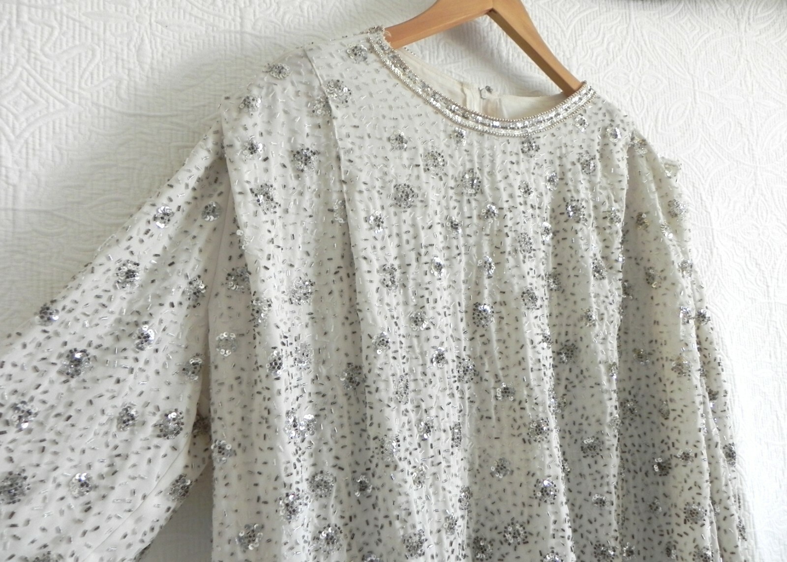 Vtg Jack Bryan Tunic Sequin/Bead Chiffon Lined Long Sleeve Ivory Over-Sized 12