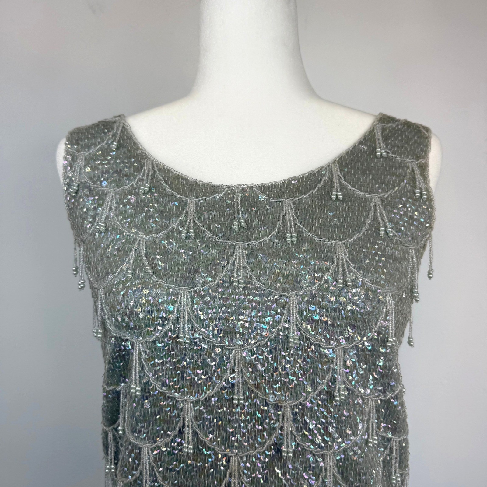 Vintage Beaded Sequin Evening Top Mermaidcore Gatsby Fairy 100% Wool Hong Kong S