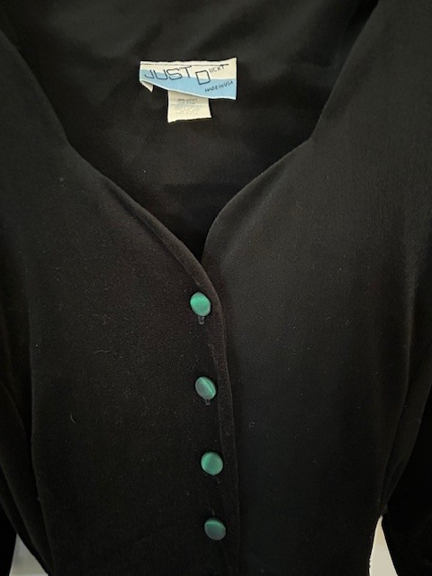 Just Ducky Vtg Dress Sz12-13 Black Velvet Emerald Green Taffeta Buttons Ties