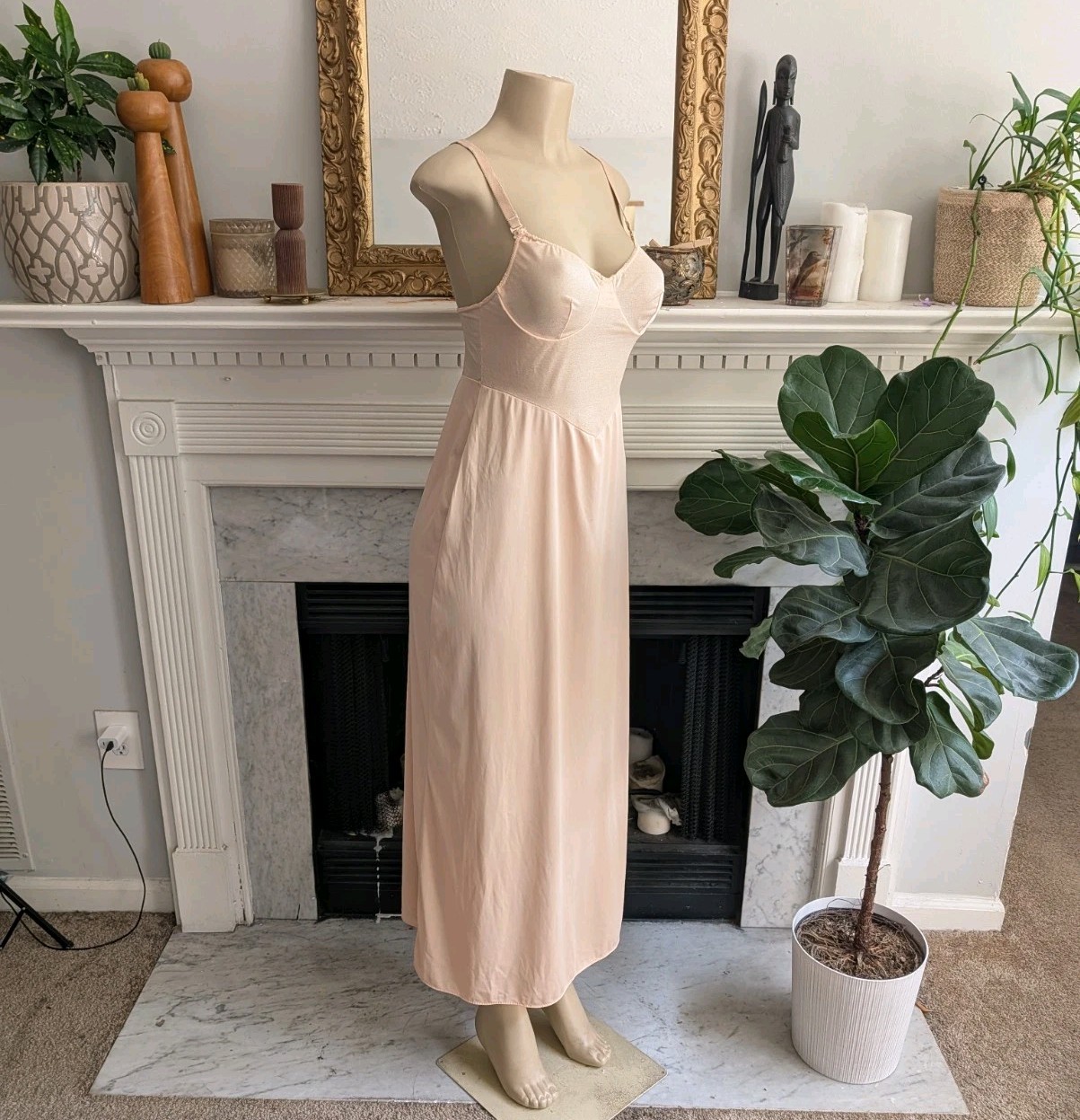 Vintage 80s Glydons Blush Nude Full Slip Dress Antron Nylon Lycra 36 Sheer