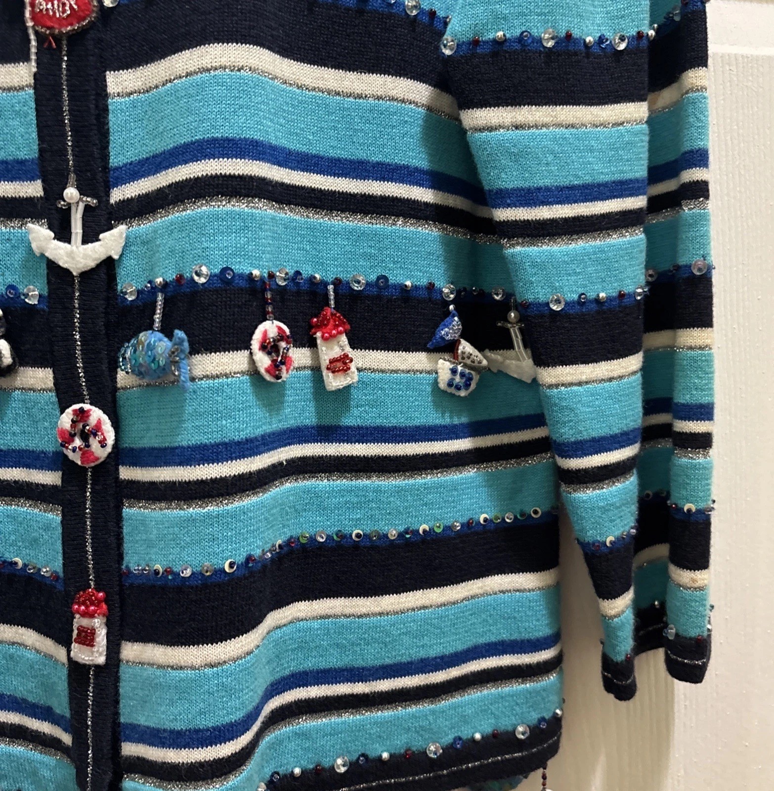 VTG Jack B Quick Cardigan Sweater Womens Petite Medium Turquoise Nautical Themed