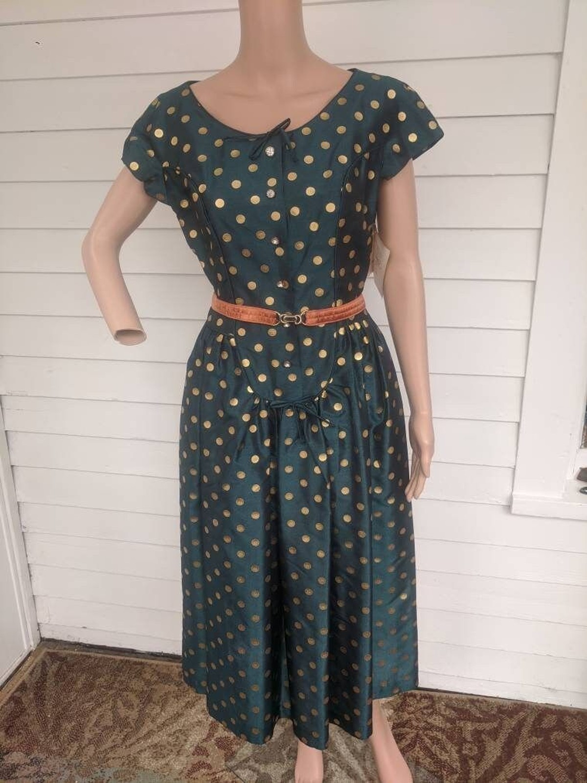 50s Dark Green Gold Polka Dot Dress Vintage Shirley Lee S M 36 28 New Old Stock