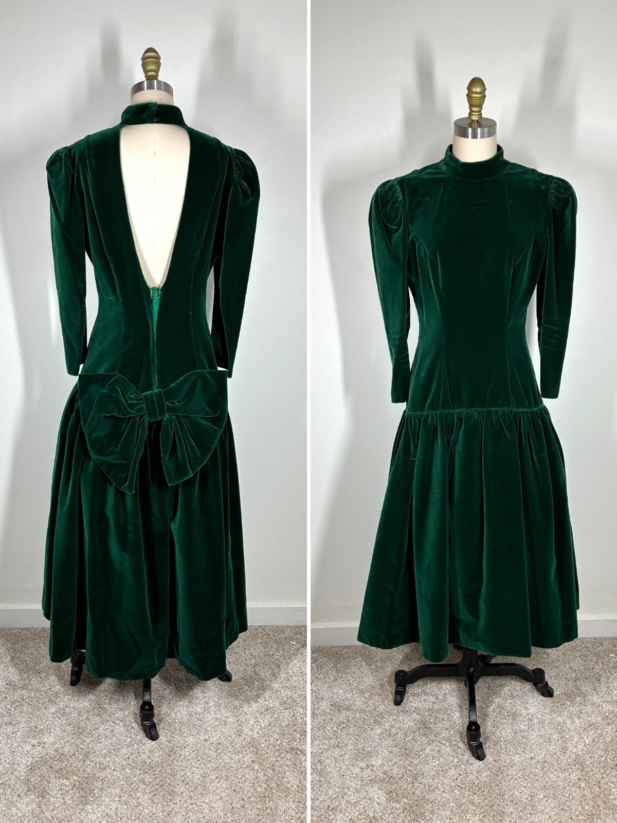 True Vintage House of Bianchi Green Velvet Party Dress Medium 28″ Waist 60s 70s
