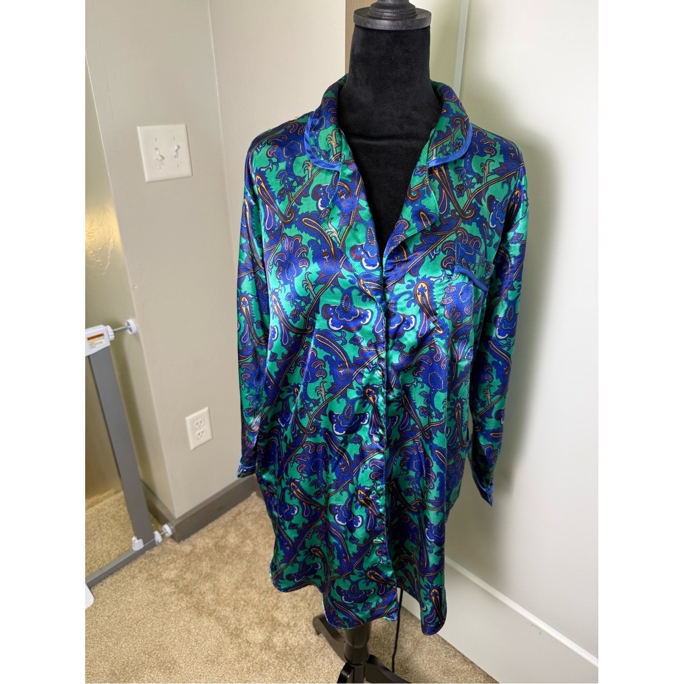 Vintage Kathryn Blue Green Jewel Tone Button Front Night Gown Paisley Short L