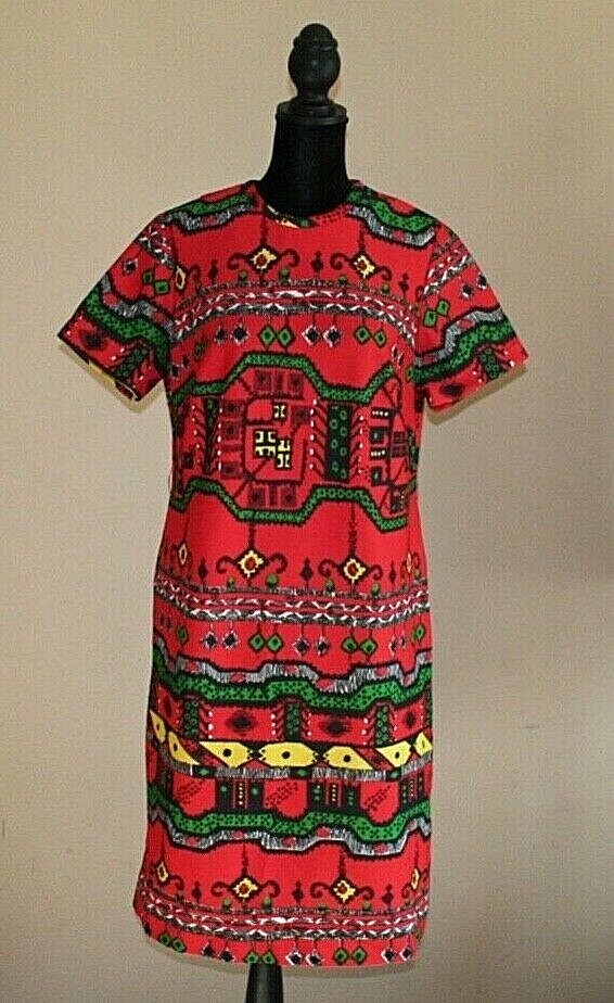 Vintage Dress Sheath Shift 1960s 1970s Mod Print Size Medium 8 10 Graphic Vtg