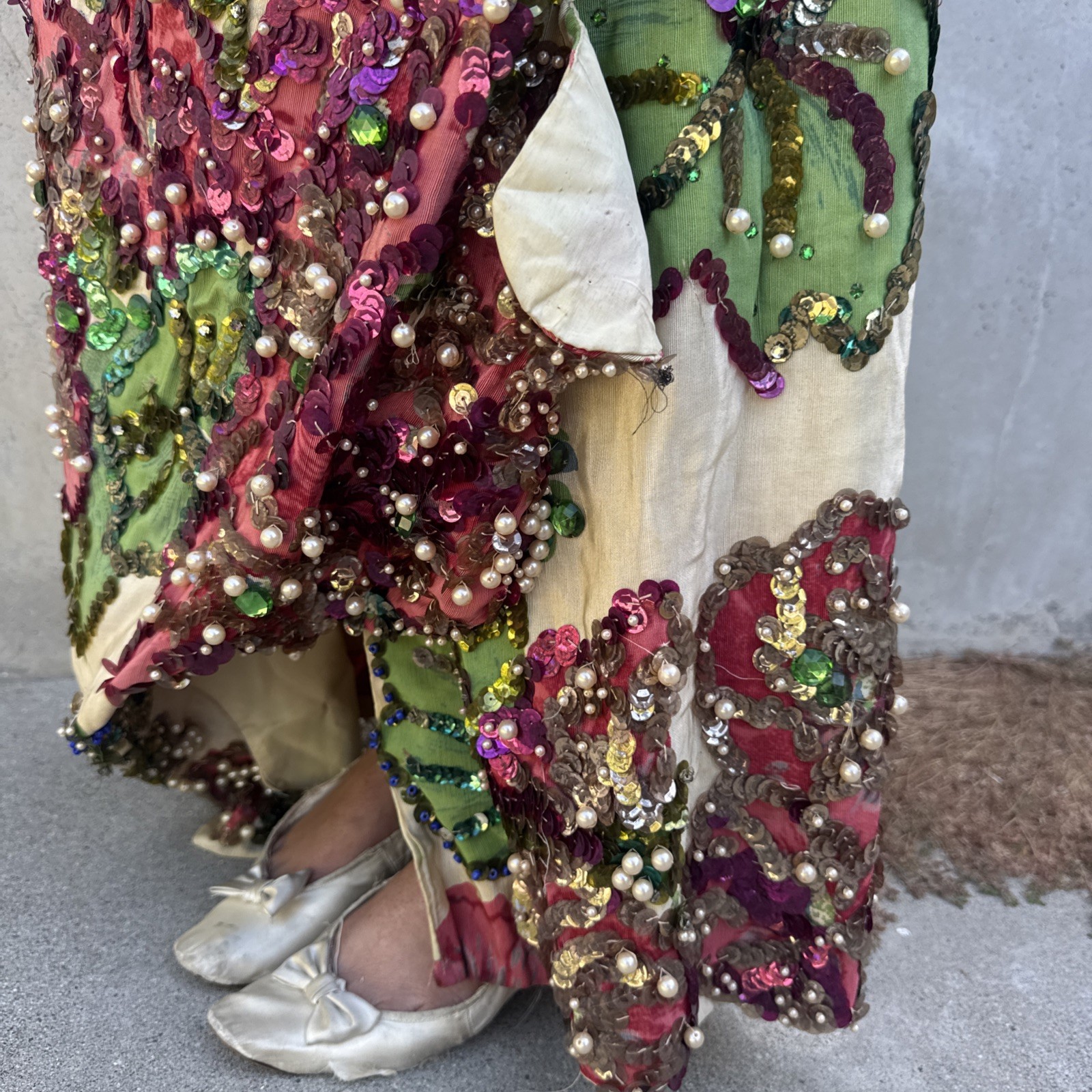 Vintage 1930s Painted Skirt Rhinestones Beading Pearls Flower Showgirl Burlesque