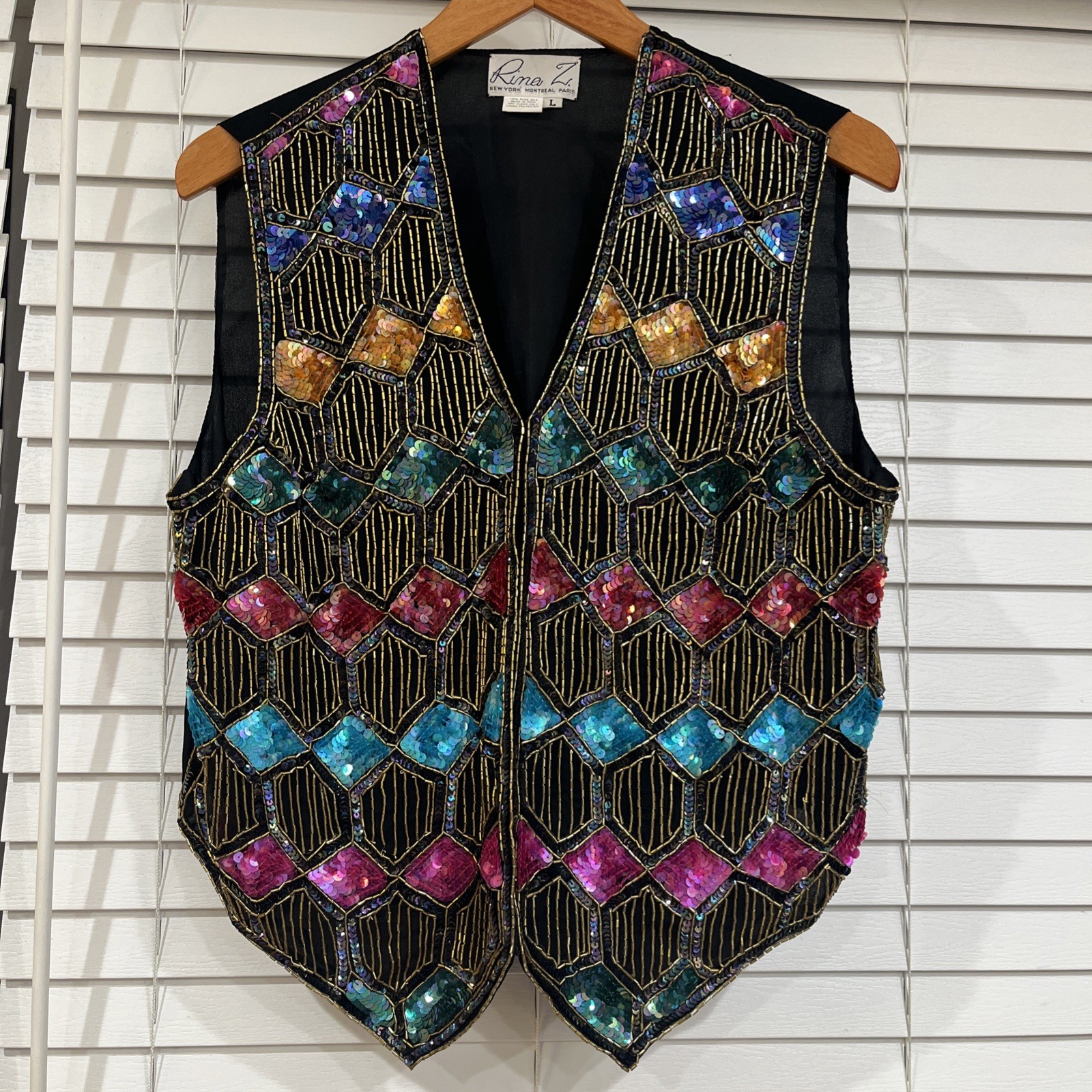 Vtg Rina Z Black 100% Silk Gold Rainbow Sequins Vest Size Large Festive Party