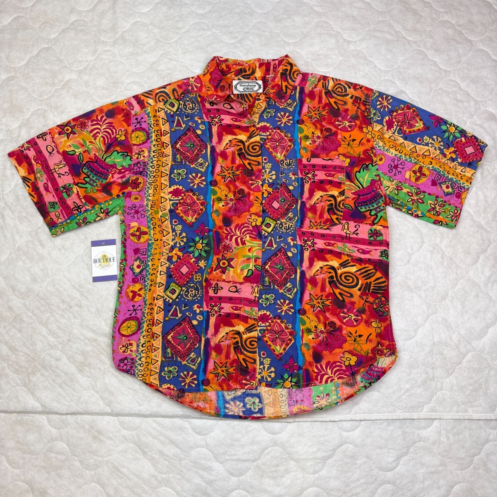 Vtg 90s Company One Cotton Button Up Shirt Shoulder Pads Funky Boho Dopamine Art