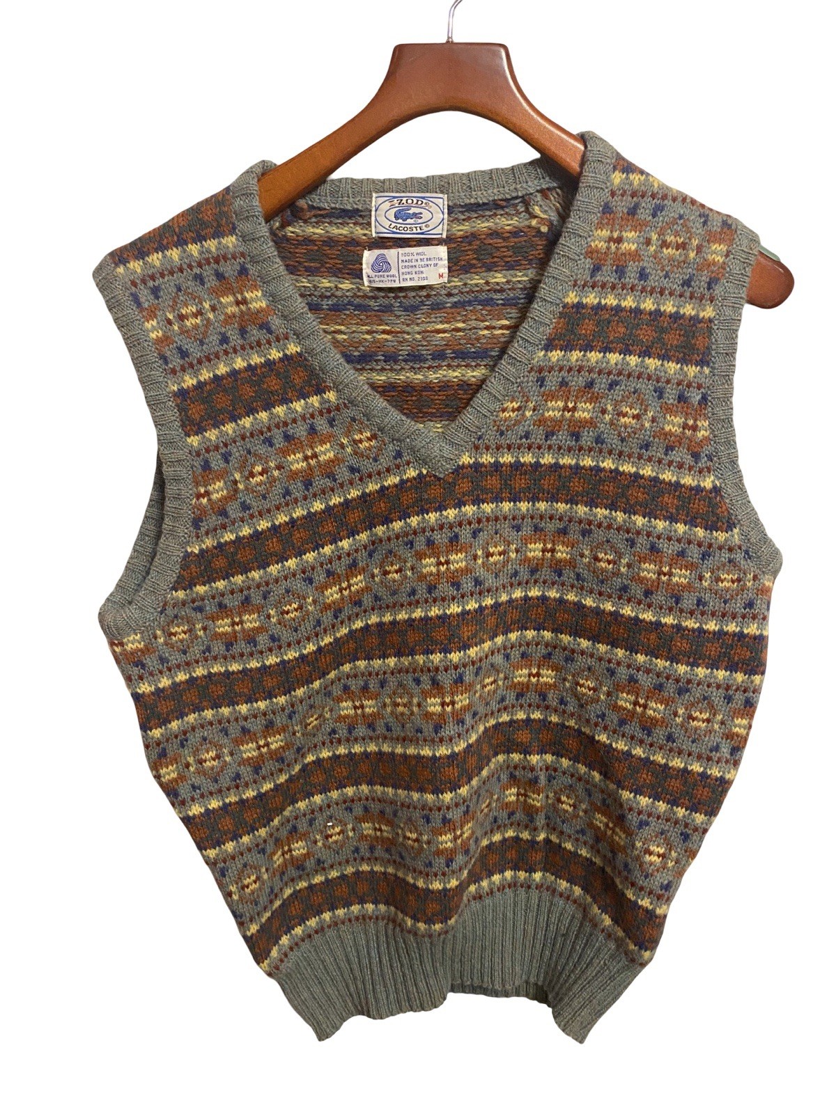 Vintage Izod Lacoste Fair Isle V-Neck Sweater Vest 100% Wool Women’s Size Medium