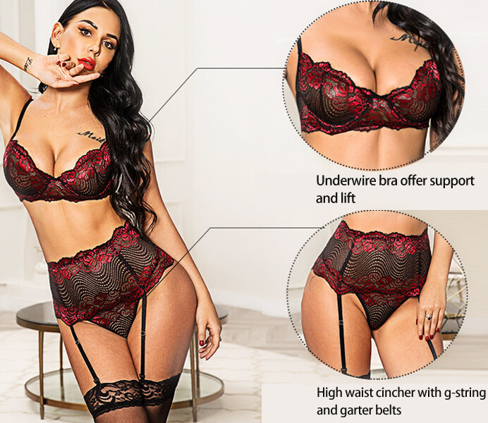 Women’s Lingerie Sets with Garter Belt 3 Piece Lace Teddy Babydoll Sexy Bodysuit