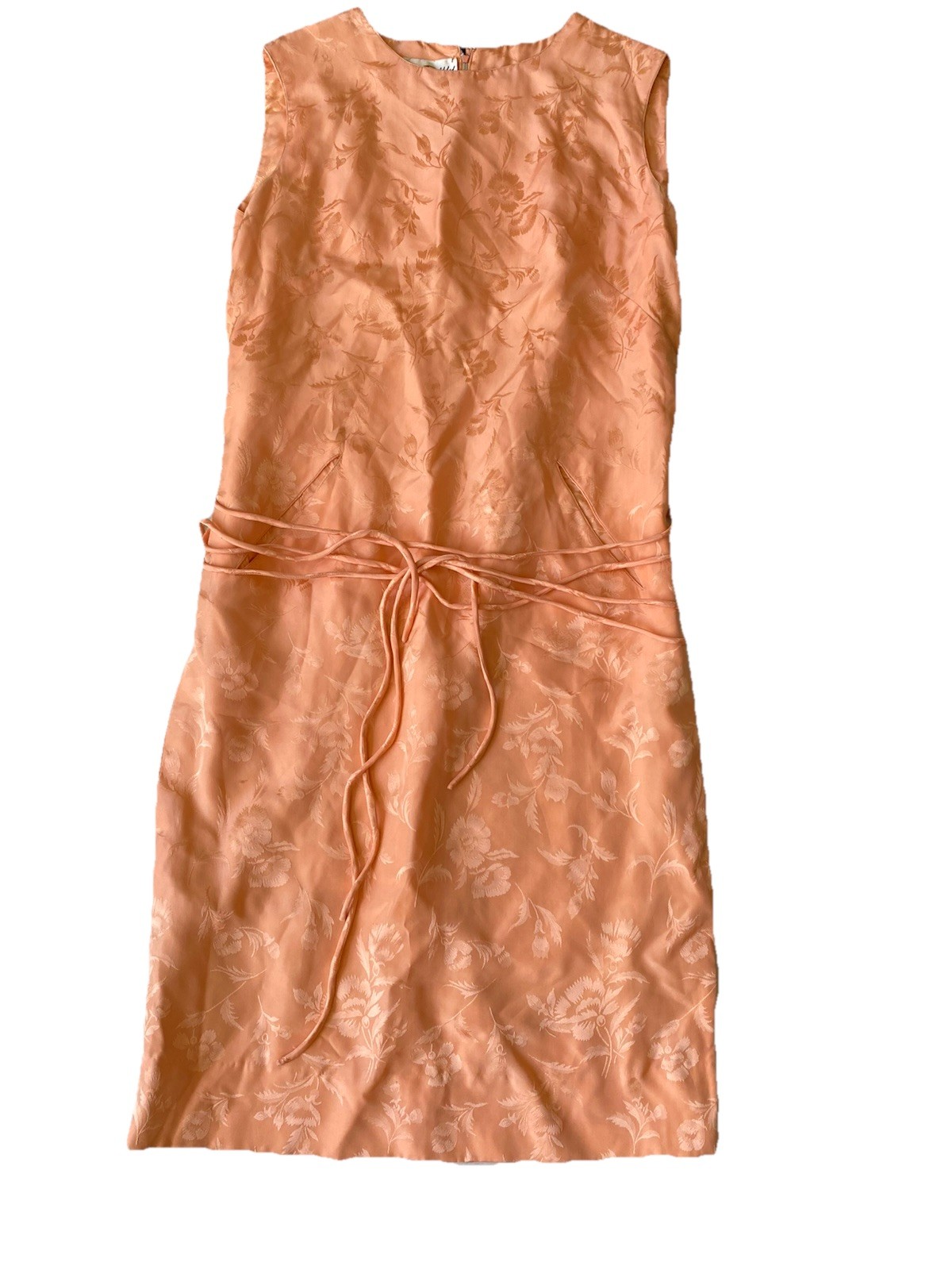 Vintage Bruce Arnold Peach Coral Silk 1960s Asian Floral Sheath Dress 10 Orange