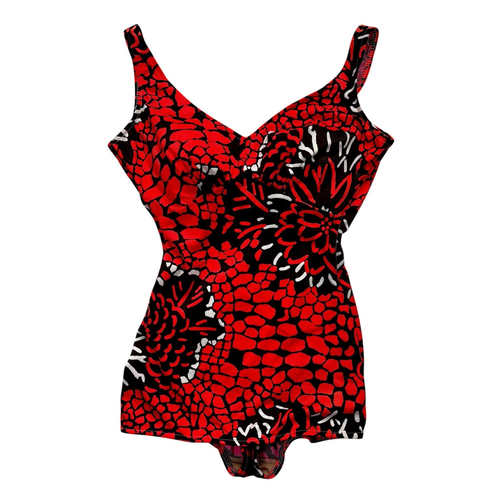 Vintage 1970s Channel West Abstract Floral One Piece Swimsuit Brown Neon Orange