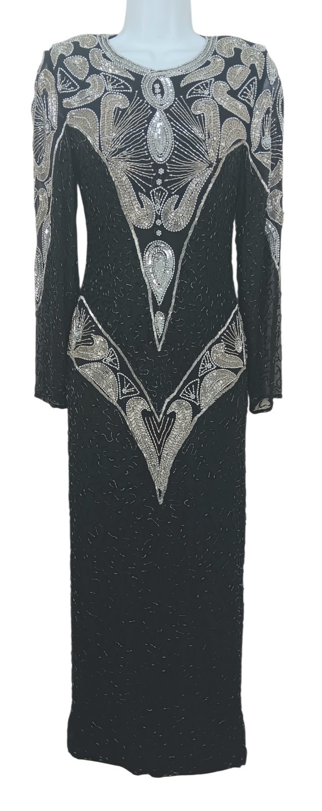 Vintage SEQUINS ORIGINALS Sz 2 Black Sequin & Beaded Long Sleeve Column Gown