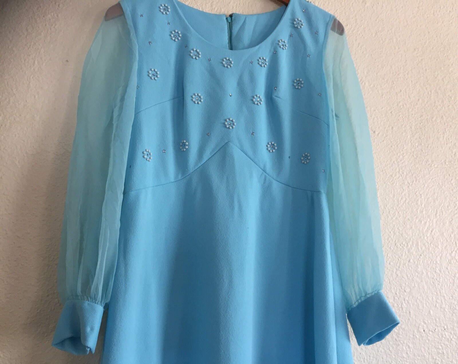 VTG Blue Maxi Dress Sheer Sleeves 1960s Retro Mod Baby Blue Party Hostess L