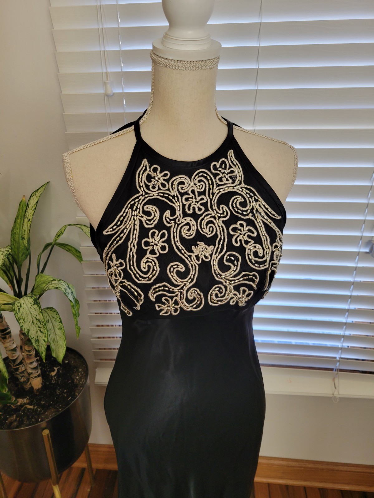 Vtg 90s Black Beaded Long Formal Prom Maxi Dress 9/10 M Satin Empire Babydoll