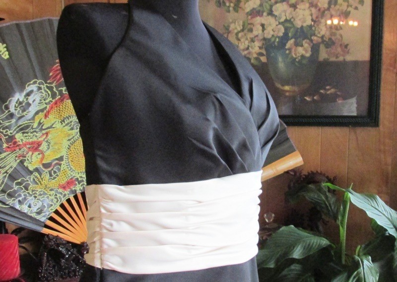 VTG Saison Blanche Black Brushed Satin Short Halter Dress Tan Cummerbund SZ 12