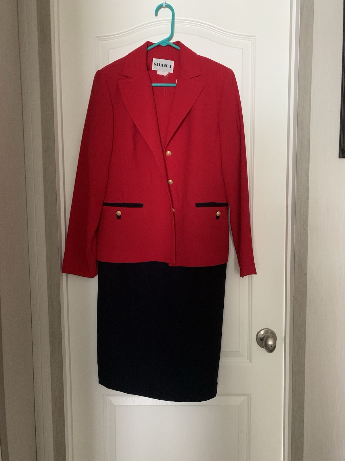 STUDIO I Faux Skirt 2 pc Suit Dress Size 10 Polyester Vintage Red/Navy B32-3