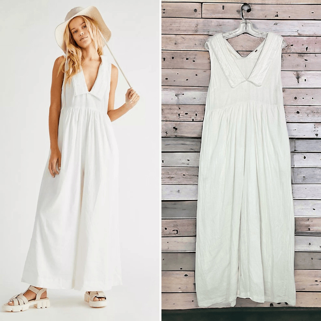 Free People Big Love White Linen Blend Wide Leg Jumpsuit Size Small Boho Beachy