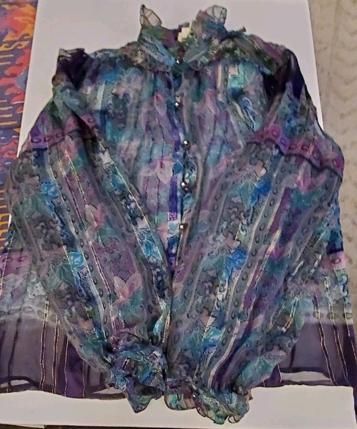 Vintage The Silk Farm 100% Silk Sheer Metallic Thread Blouse Elegant Evening 12