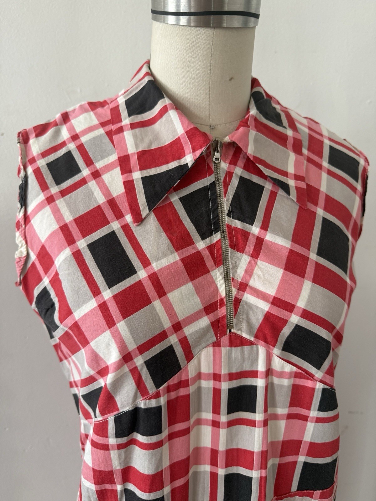 30s Glazed Cotton Plaid Pointed Collar 1/4 Zip Halter Dress Midi Sportswear S/M
