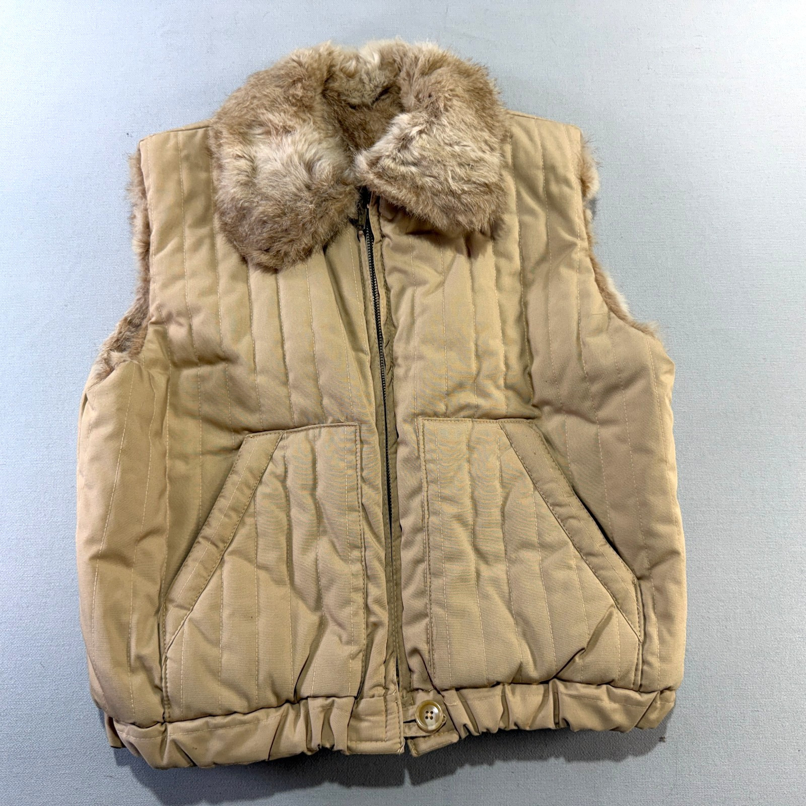 Vtg 70s Rabbit Fur Vest Jacket Large Reversible Outdoor Puffer Quilted Hong Kong