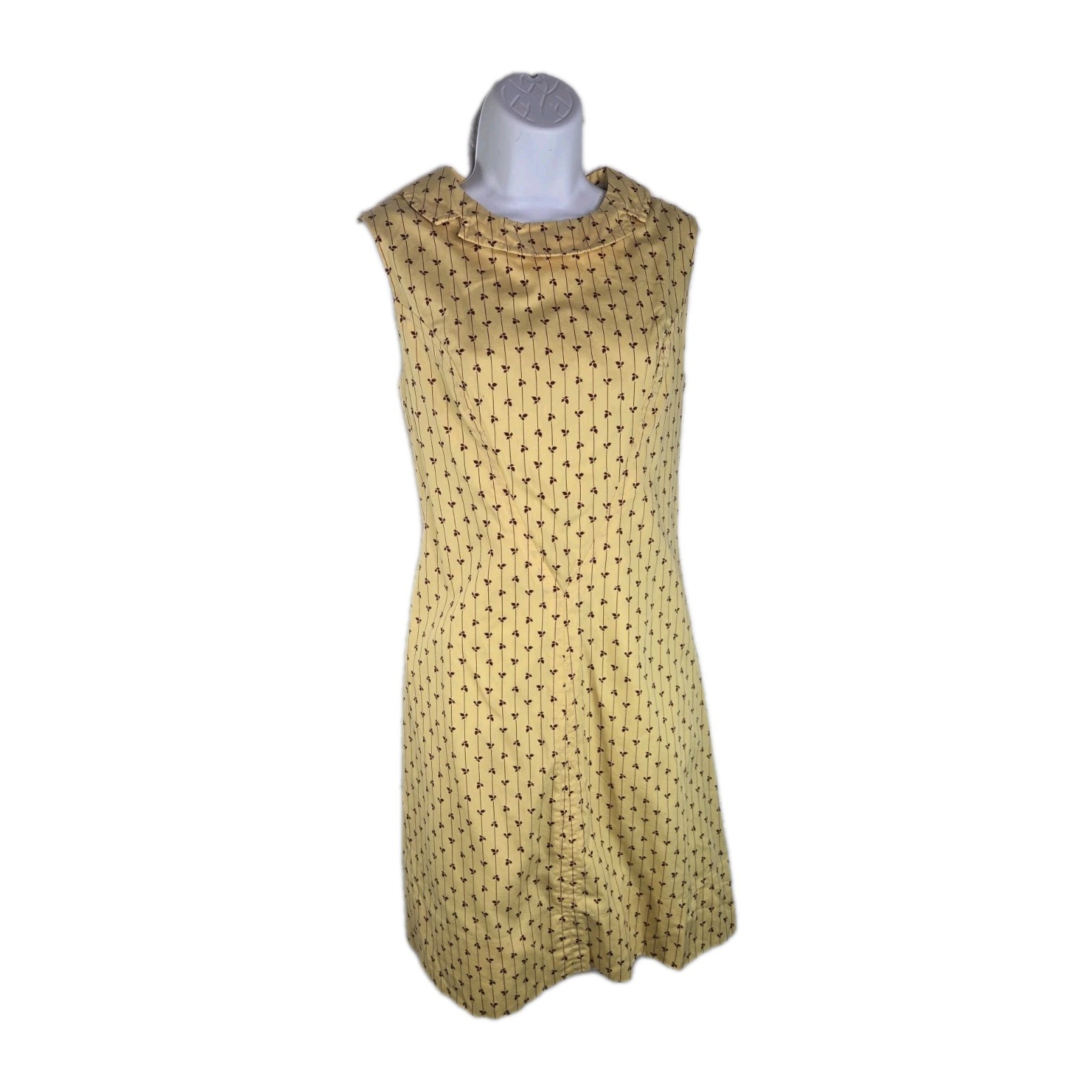 Vtg 1960s Yellow Floral Striped Sleeveless MCM Mod Shift Dress
