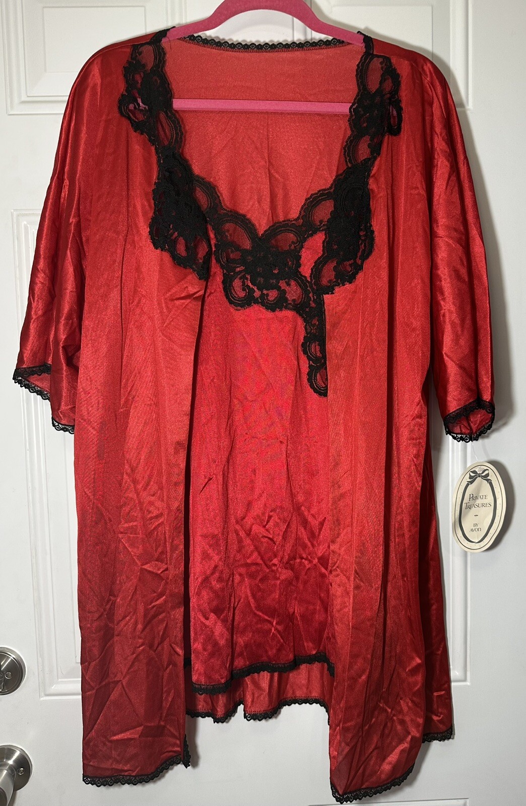 VTG Private Treasure AVON Night Gown & Robe Red Black Silky Lace Lingerie Size M