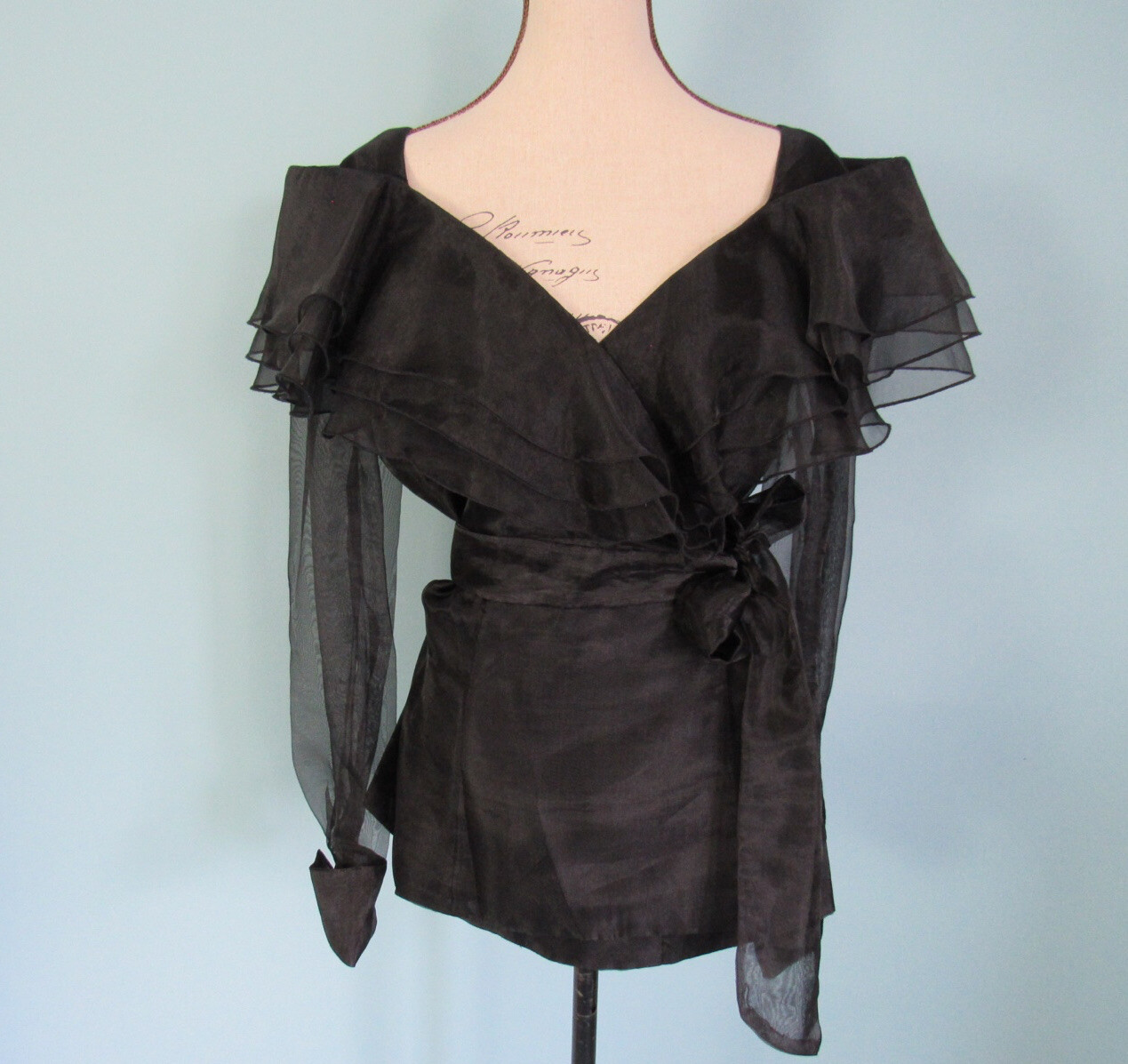 Size M HAMPTON NITES Black Wrap Blouse VINTAGE Shoulder Ruffles Sheer Sleeve