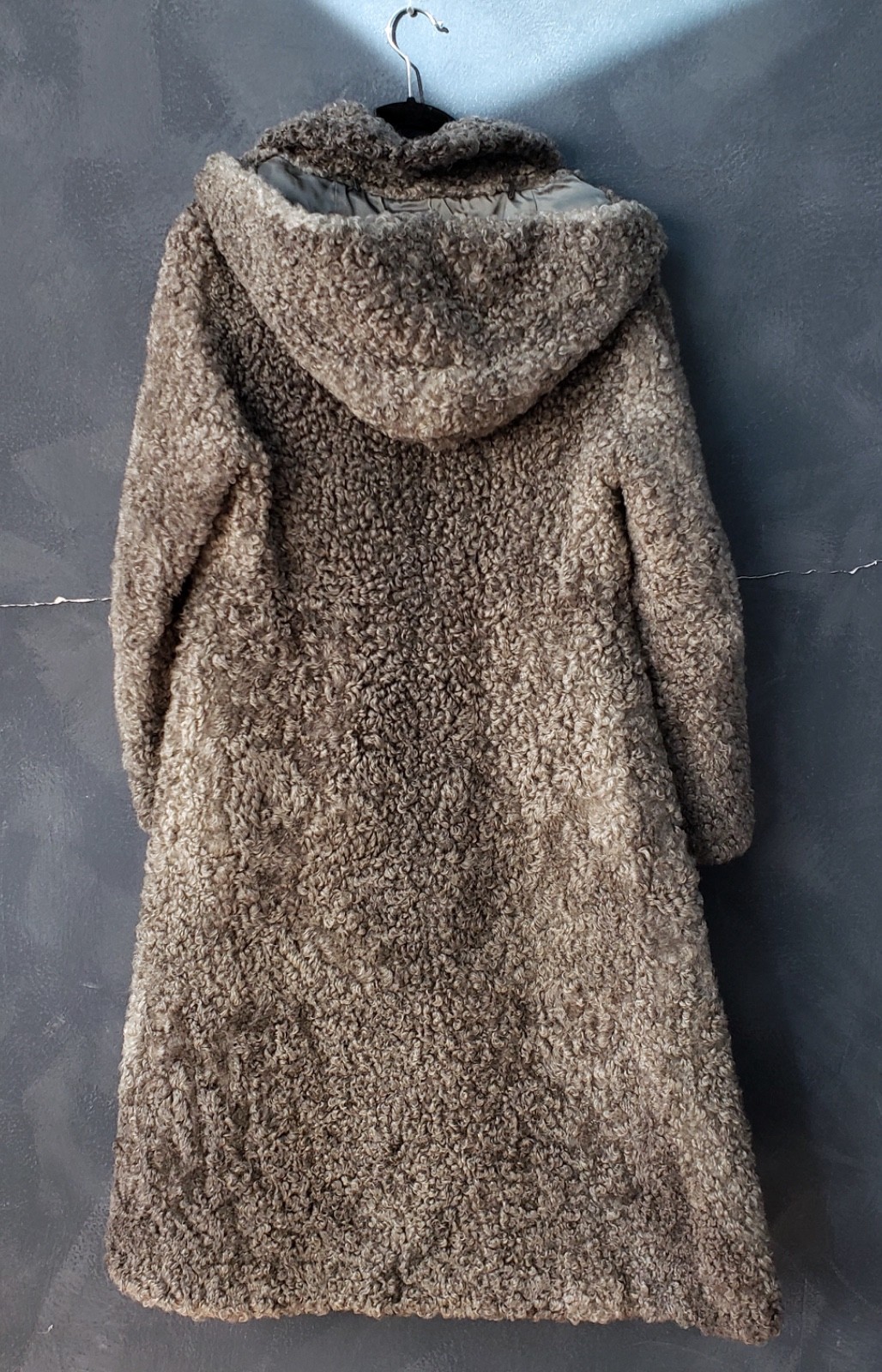 Vintage 50s Gray Greige Curly Viking Lamb Hooded Coat L EUC RARE