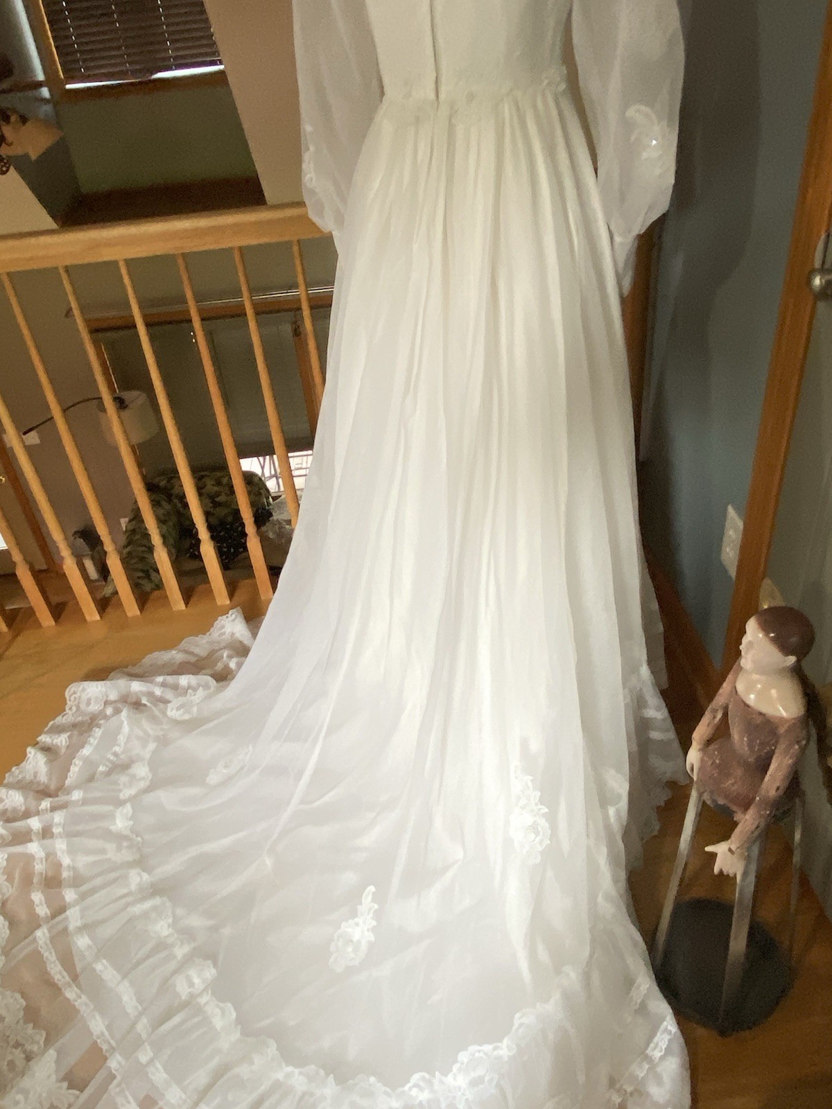 Vintage Lace Pearl Appliqué High Neck Long Sheer Sleeve 1970s Wedding Gown S/M