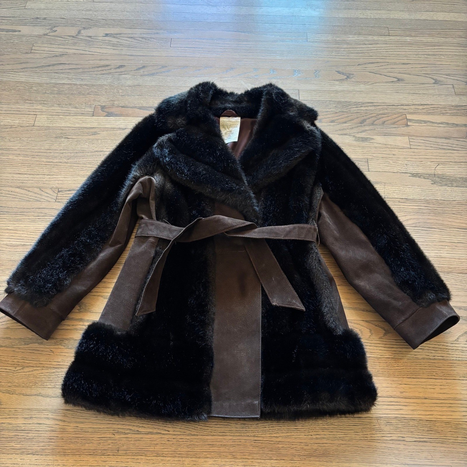 Vintage Rosewin Tissavel Brown Faux Fur Suede Belted Mid Coat Jacket Womens M L