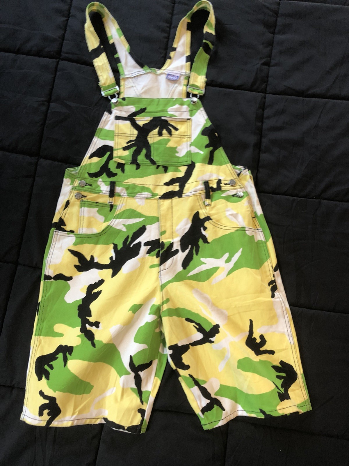 Vintage 90s Distressed Camo Cargo Jorts Overalls Cyber Goth Grunge Rave Club Kid
