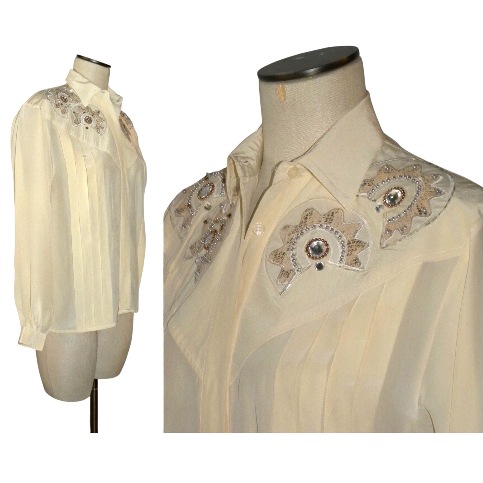 Vintage 80s Ivory Silk Tuxedo Blouse Beaded Rhinestone Appliqué Hidden Placket