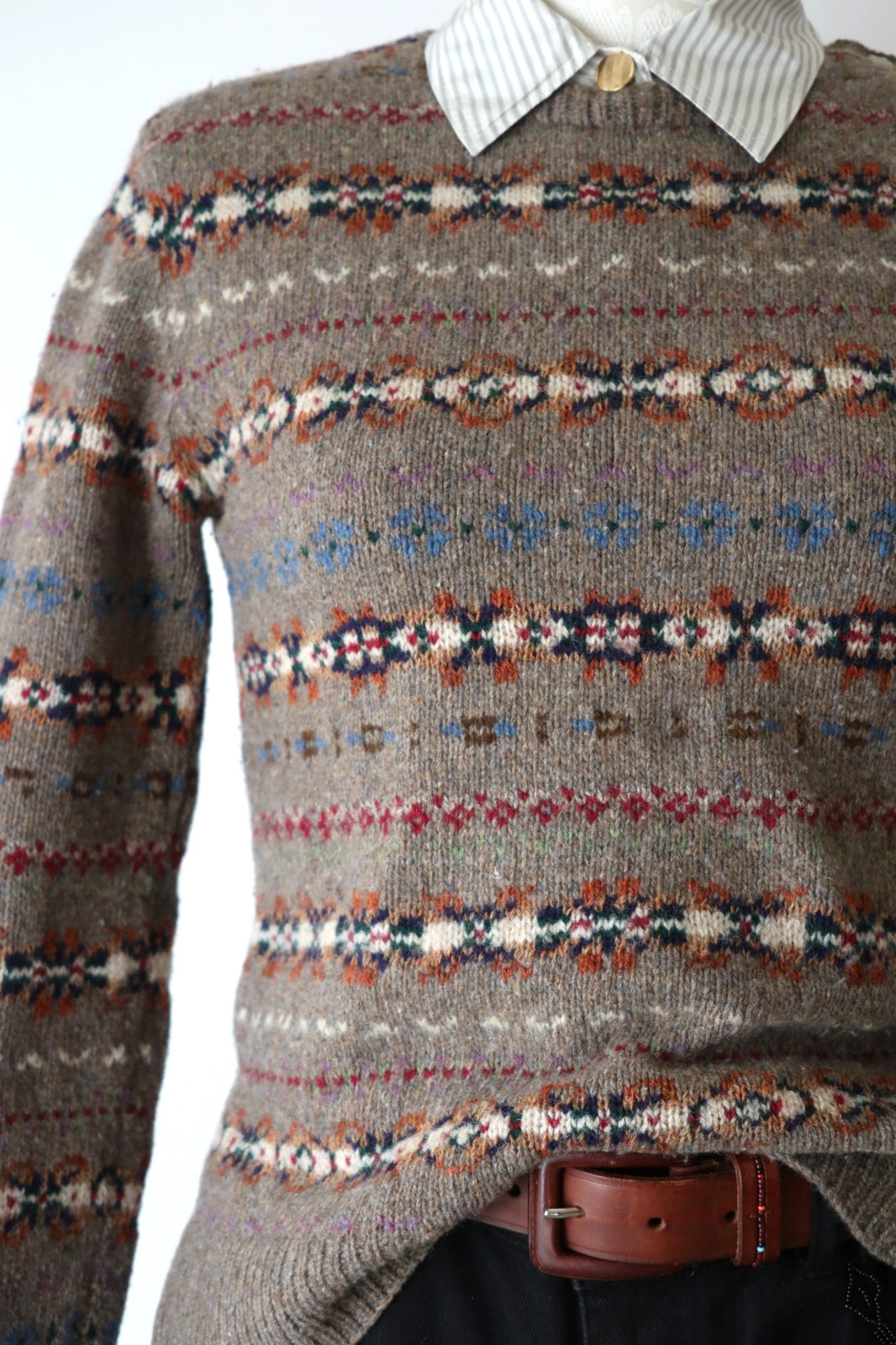 Ralph Lauren Beige Wool Cashmere Fair Isle Crewneck Handknit Sweater Women XS S