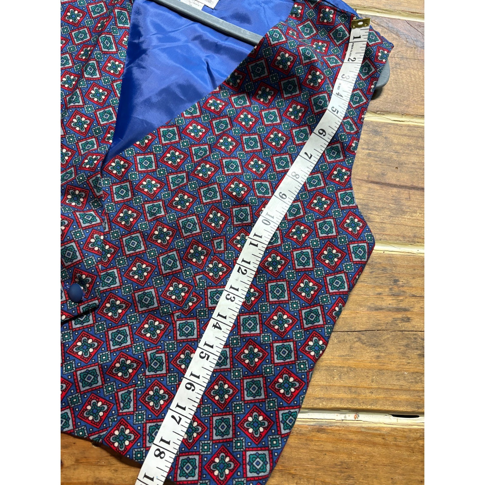 Leslie Fay Petite Vintage Rayon Vest Red Blue Geometric Diamond Print Size 16