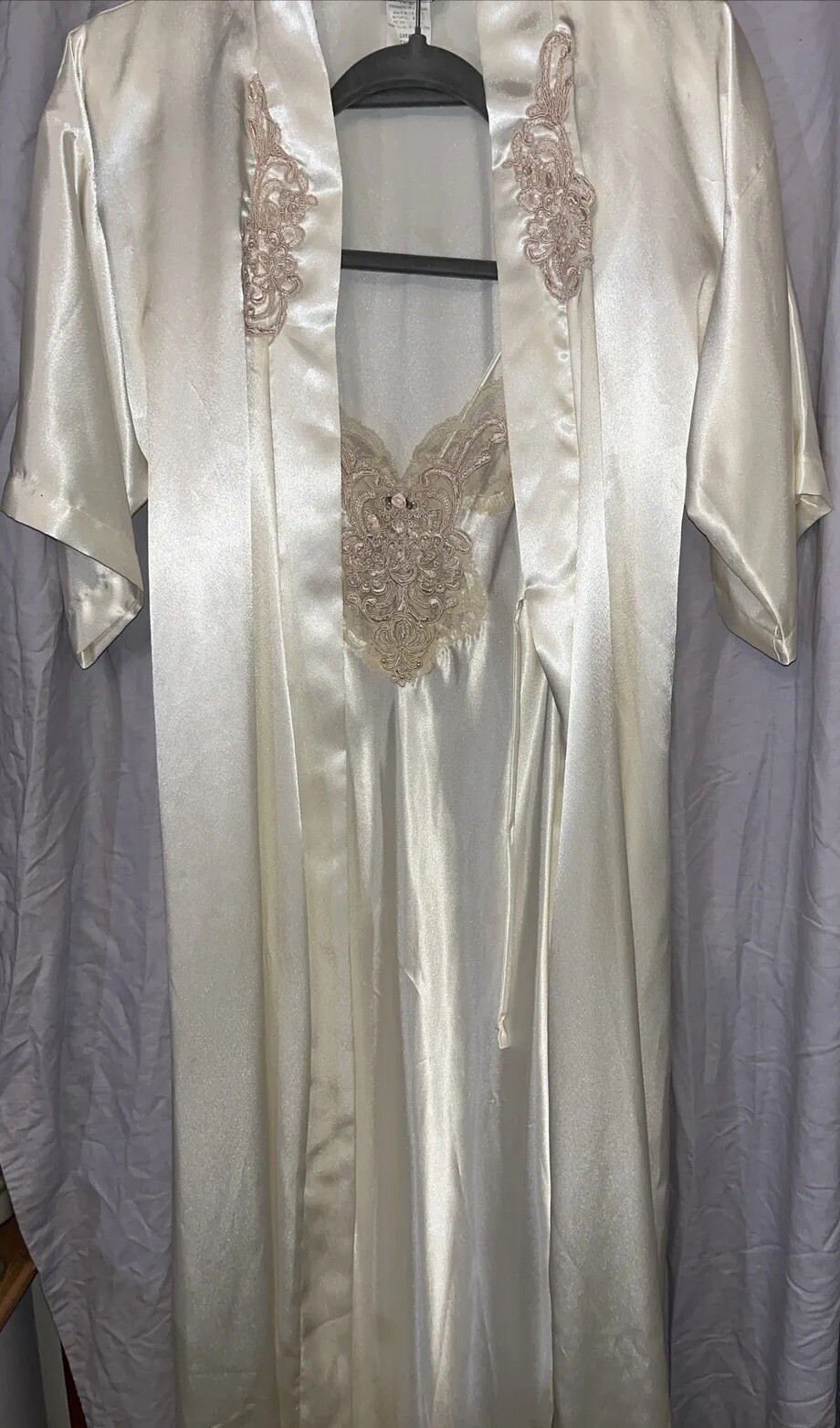 Vintage Expressions Sm Bridal Robe Gown PEIGNOIR SET Cream Sateen Lace Beading